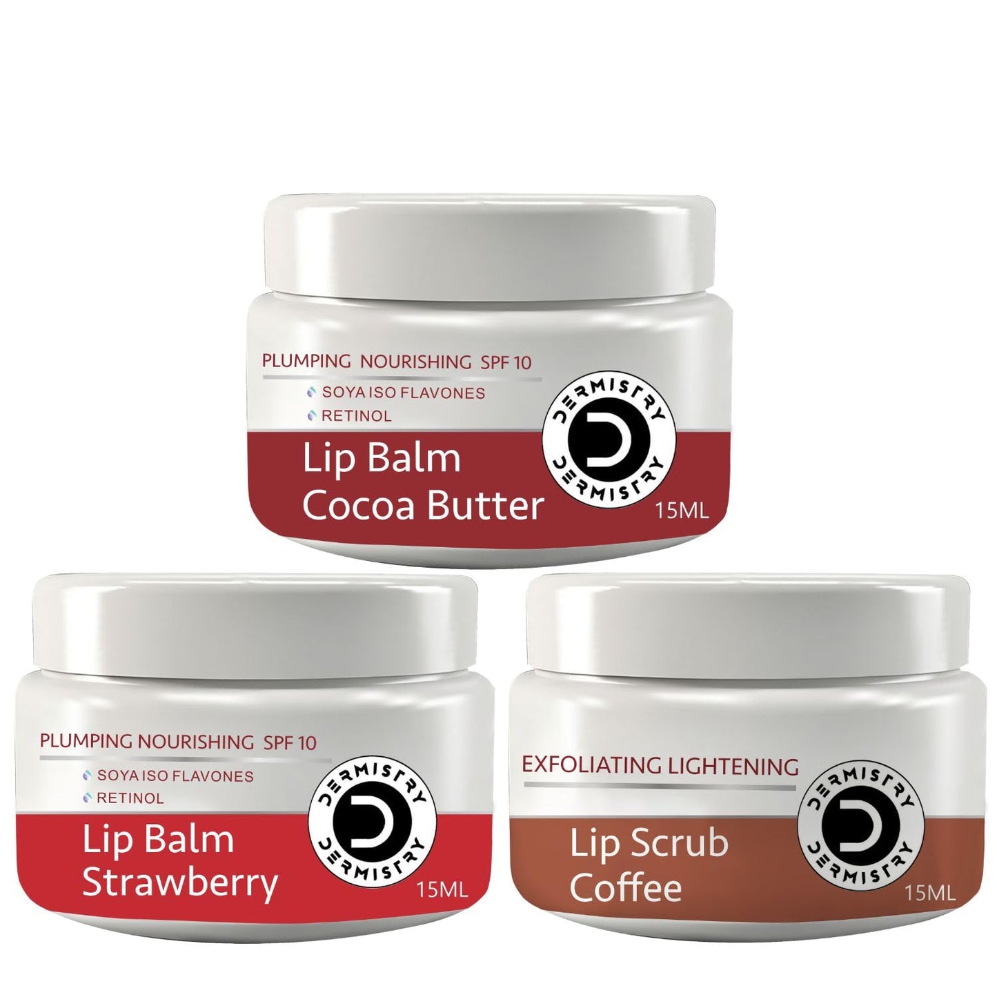 Three white plastic jars of Dermisfy Dermistery lip balms arranged in a triangle on a white background. The top jar is 'Cocoa Butter' with a red label, and the bottom two jars are 'Strawberry' and 'Coffee' with red and brown labels respectively.