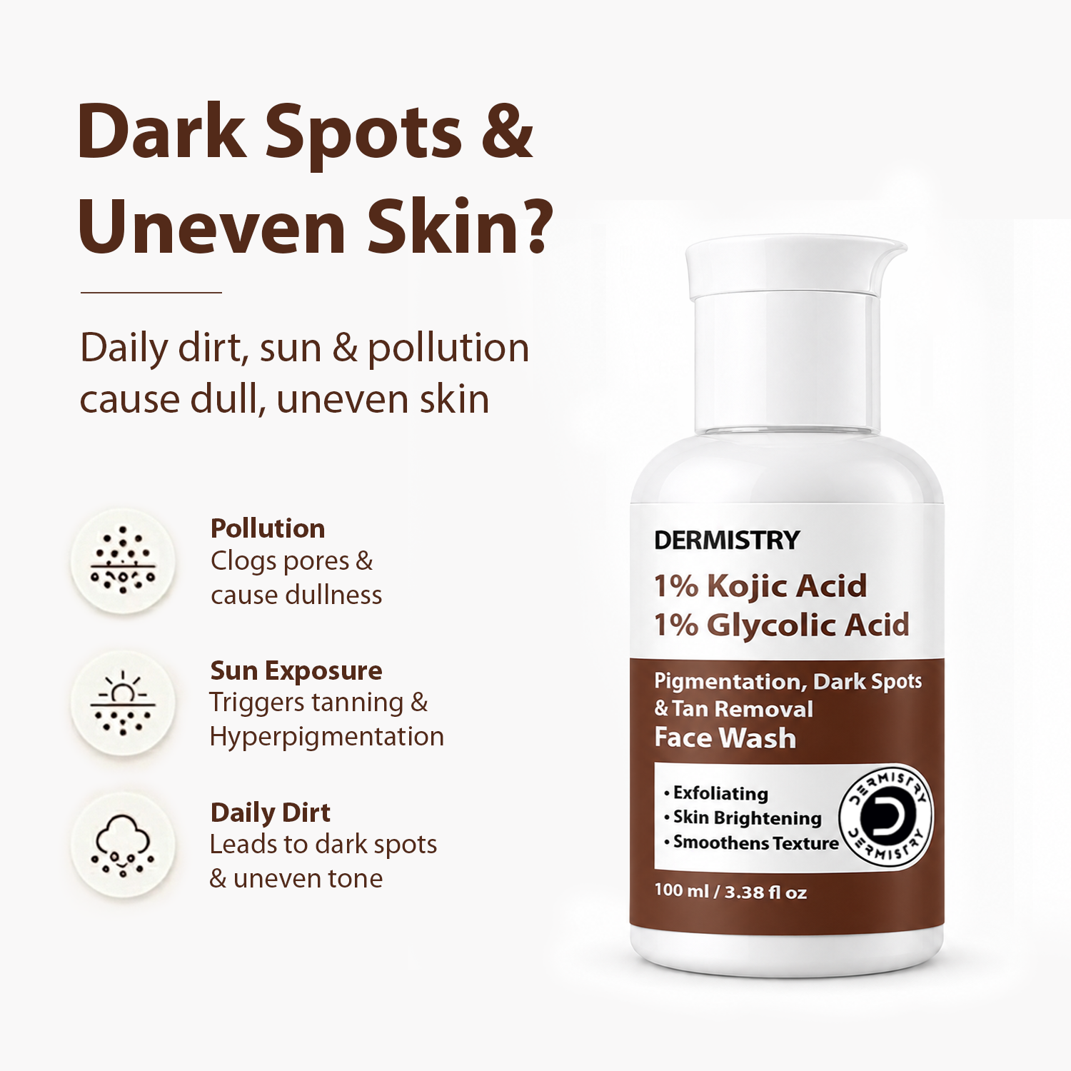 Dermistry 1% Kojic Acid 1% Glycolic Acid Face Wash bottle on a white background with marketing text about dark spots and uneven skin.