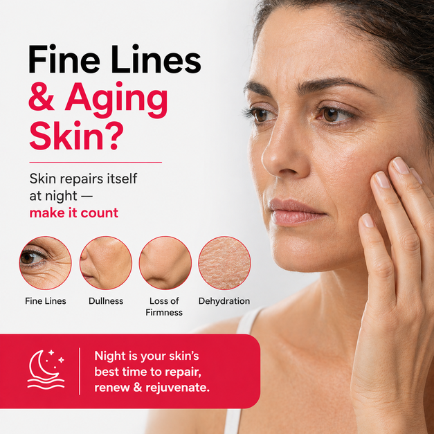 Promotional skincare graphic with a woman touching her cheek next to text reading 'Fine Lines & Aging Skin?' and four circular close-ups of skin concerns. A red banner at the bottom says 'Night is your skin's best time to repair, renew & rejuvenate.