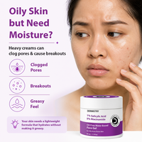 A skincare ad showing a woman with clear skin touching her face, alongside text about oily skin needing moisture and a jar of Dermystr» 1% Salicylic Acid 5% Niacinamide Oil Free Water Based Face Gel on a light background.