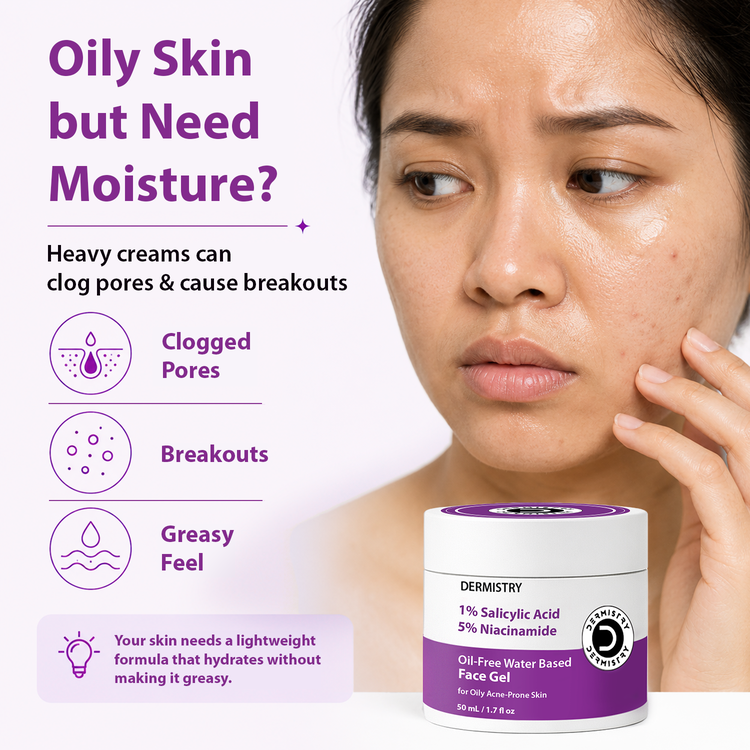 A skincare ad showing a woman with clear skin touching her face, alongside text about oily skin needing moisture and a jar of Dermystr» 1% Salicylic Acid 5% Niacinamide Oil Free Water Based Face Gel on a light background.