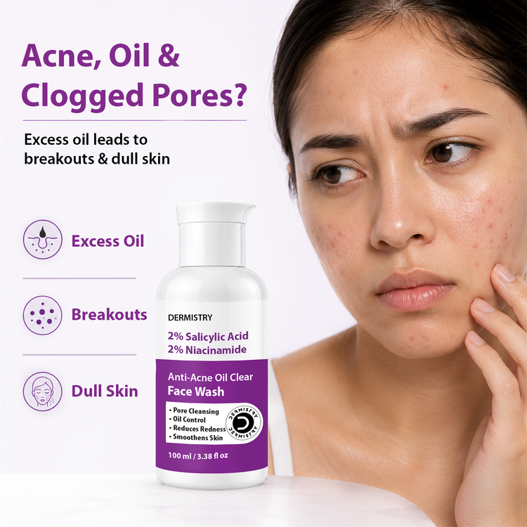 A bottle of Dermistry 2% Salicylic Acid 2% Niacinamide Face Wash is shown next to a woman with acne on her face, with text highlighting benefits like excess oil, breakouts, and dull skin.