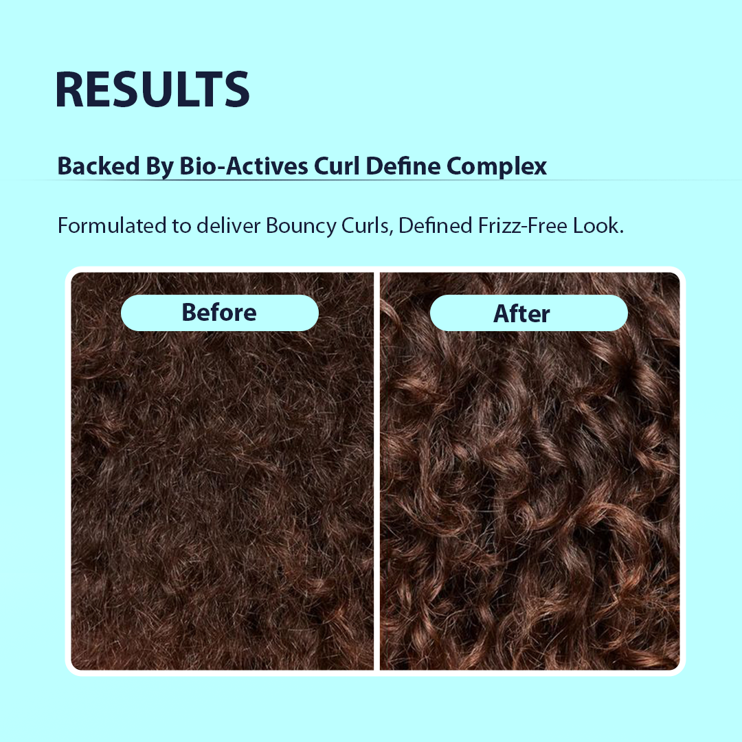 A promotional results graphic with the heading 'RESULTS' and text about 'Bio-Actives Curl Define Complex.' Below, two side-by-side close-up panels labeled 'Before' and 'After' show dark brown hair texture, demonstrating the product's curl-defining effect on frizzy hair.
