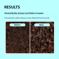 A promotional results graphic with the heading 'RESULTS' and text about 'Bio-Actives Curl Define Complex.' Below, two side-by-side close-up panels labeled 'Before' and 'After' show dark brown hair texture, demonstrating the product's curl-defining effect on frizzy hair.