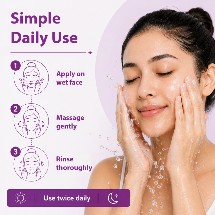 A skincare promotional graphic showing a woman washing her face with water, alongside text reading 'Simple Daily Use' and three step icons for applying, massaging, and rinsing. The design uses purple typography and accents on a light lavender background.
