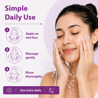 A skincare promotional graphic showing a woman washing her face with water, alongside text reading 'Simple Daily Use' and three step icons for applying, massaging, and rinsing. The design uses purple typography and accents on a light lavender background.