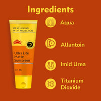 A 50 mL tube of Dermalogistics Ultra Lite Matte Sunscreen SPF 50 on a solid orange background, next to an 'Ingredients' list showing Aqua, Allantoin, Imid Urea, and Titanium Dioxide.