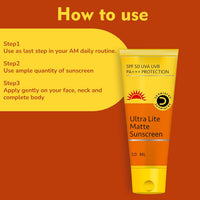 Sunscreen usage guide on a warm orange background showing a yellow and orange tube of Dermatology Ultra Lite Matte Sunscreen with text instructions on how to apply it.