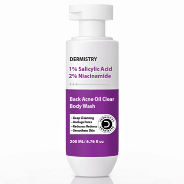 A bottle of Dermistry Back Acne Oil Clear Body Wash with a white pump dispenser and a white bottle featuring a purple label section.