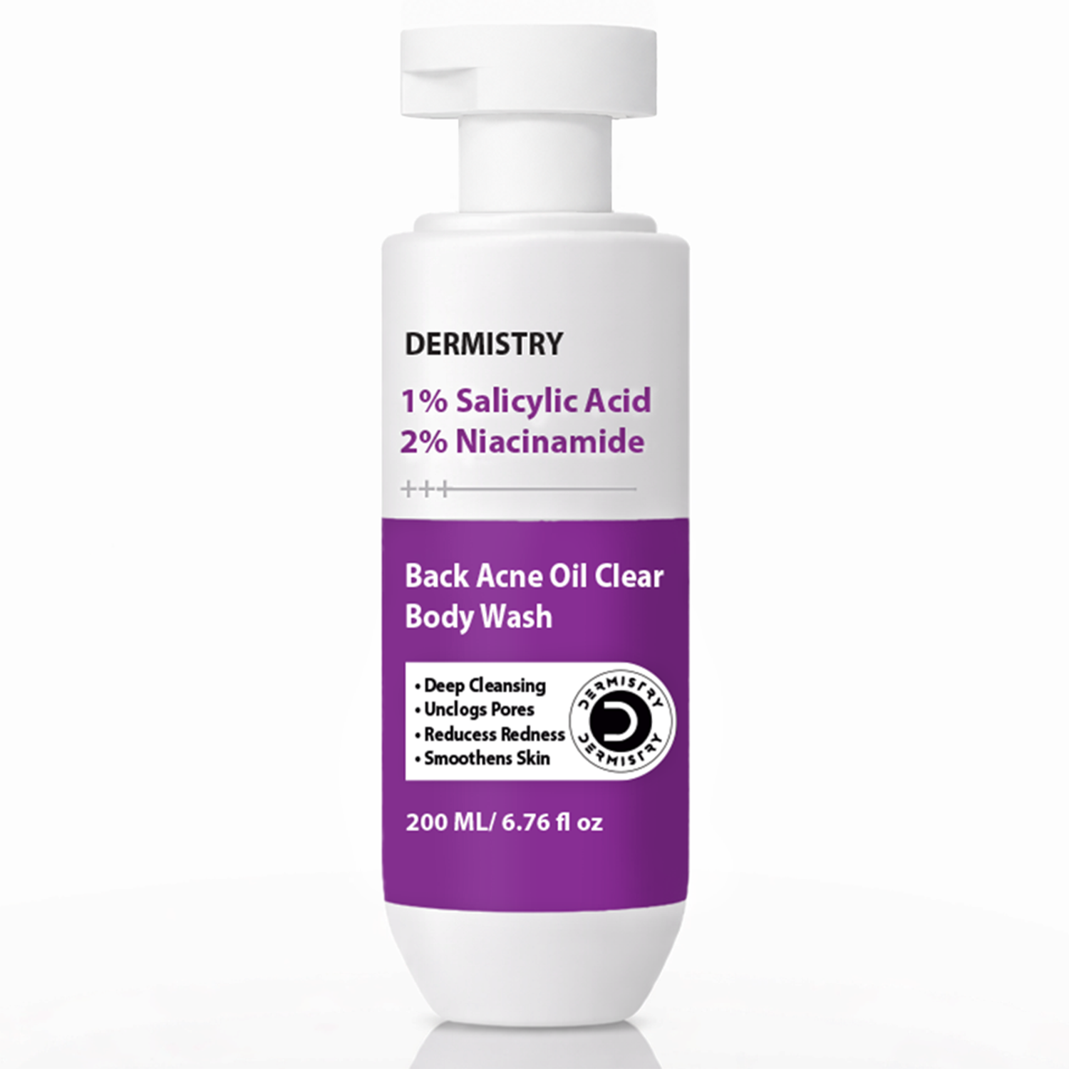 A bottle of Dermistry Back Acne Oil Clear Body Wash with a white pump dispenser and a white bottle featuring a purple label section.