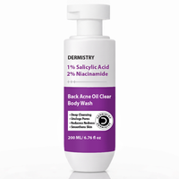 A bottle of Dermistry Back Acne Oil Clear Body Wash with a white pump dispenser and a white bottle featuring a purple label section.