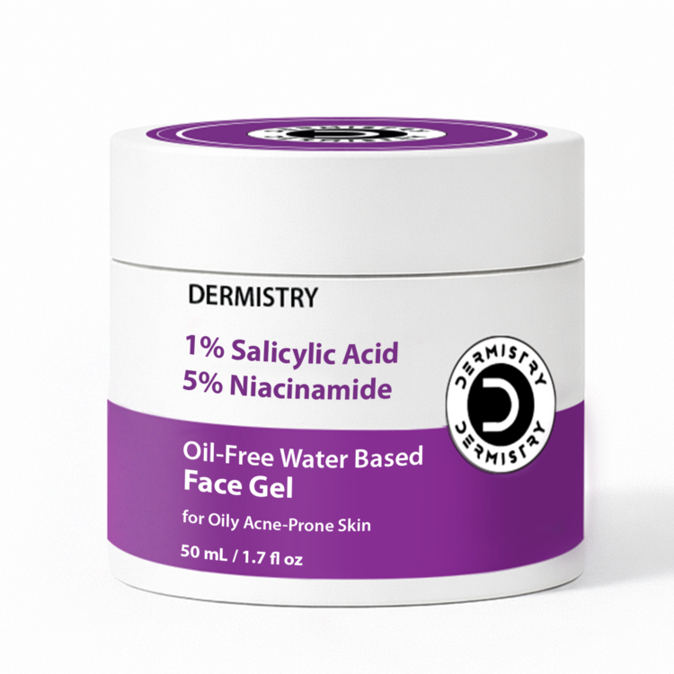 A white plastic jar of Dermisty 1% Salicylic Acid and 5% Niacinamide Oil-Free Water Based Face Gel, featuring a white and purple label with a purple lid, set against a plain white background.