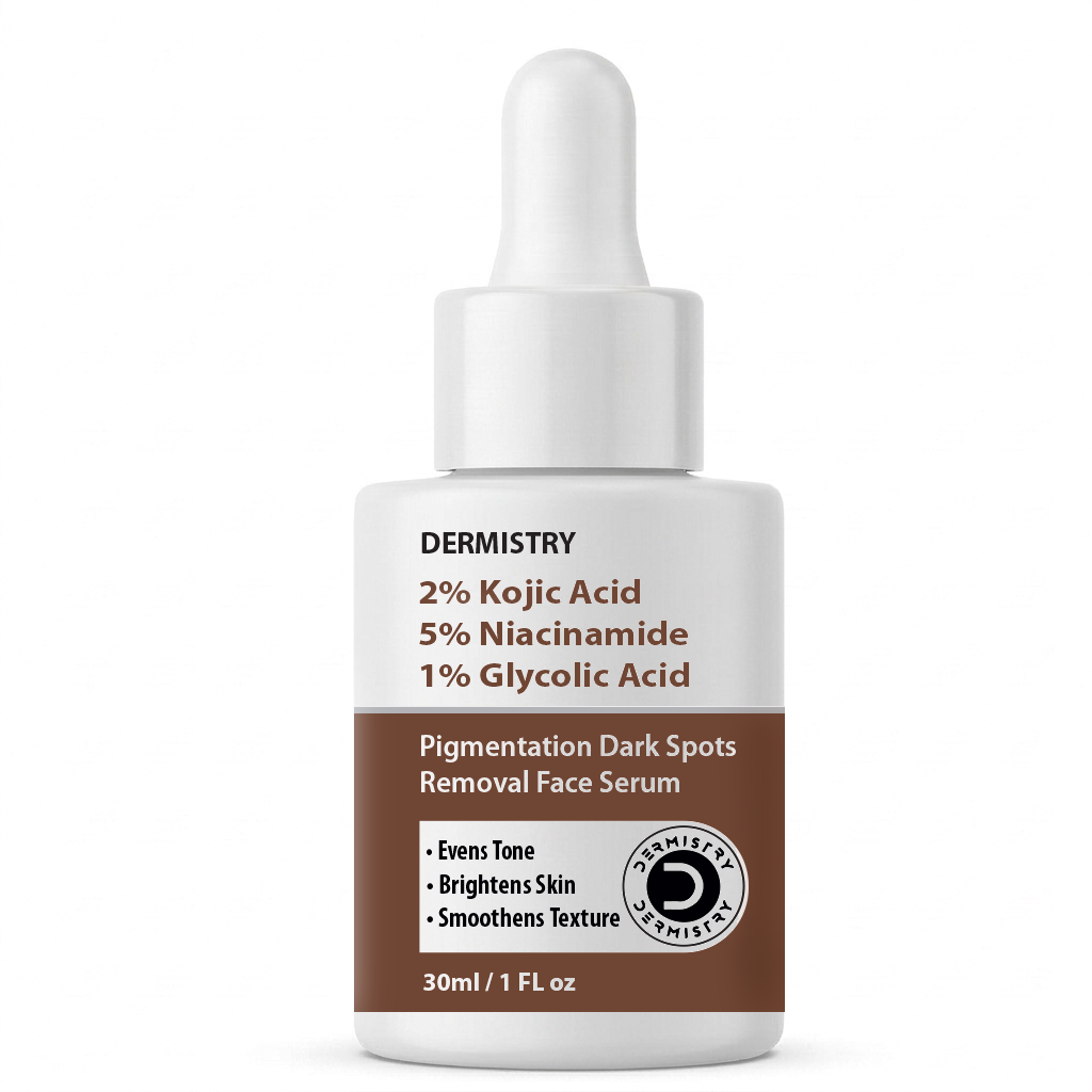 Dermistry Pigmentation Dark Spots Removal Face Serum in a 30ml white bottle with a white dropper cap and a brown label.