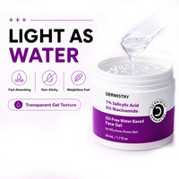 A white jar of Dermistry 1% Salicylic Acid 5% Niacinamide Oil-Free Water Based Face Gel with a purple label, shown next to a clear gel being swirled into the jar. The left side features marketing text reading 'LIGHT AS WATER' and icons for fast absorbing, non-sticky, and weightless feel.