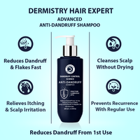 Dermistry Hair Expert Advanced Anti-Dandruff Shampoo bottle with features listed on a light blue background