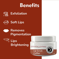 A jar of Demistify Cosmetics Exfoliating Lightening Lip Scrub in 'Coffee' scent, shown on the right side of a split graphic. The left side is a dark reddish-brown panel with white text listing benefits: Exfoliation, Soft Lips, Removes Pigmentation, and Lips Brightening.