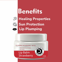 A jar of Dermisiry Dermisayer Lip Balm in Strawberry, shown against a split white and red background with text highlighting benefits like healing properties, sun protection, and lip plumping.