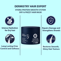 Dermistry hair mask jar with features on a light blue background