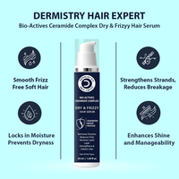 Dermistry Hair Expert hair serum bottle with benefits listed on a light blue background