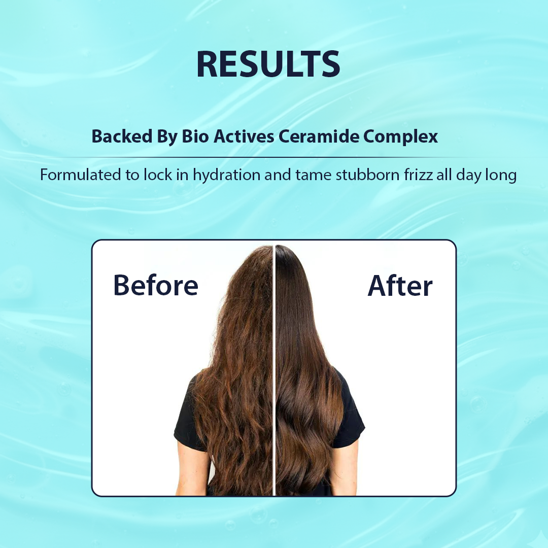 Before and after comparison of hair with a blue background and text about a bio active ceramide complex.